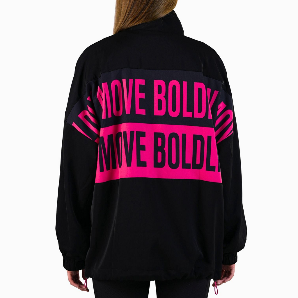 Black jacket with pink text on the back