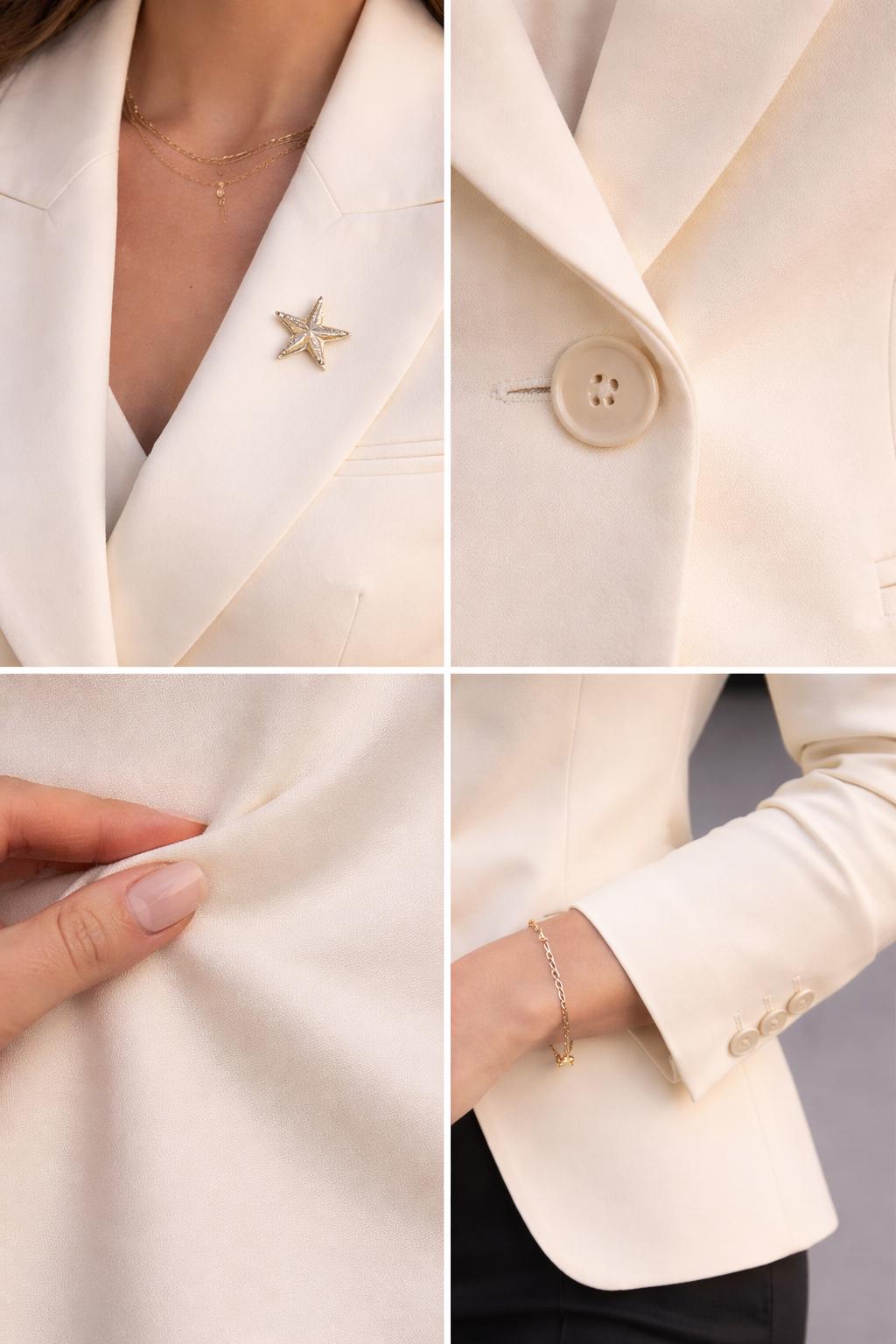 Italian Wool Tailored Blazer with Star Brooch – Cream